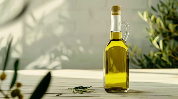 Olive oil bottle ad background with copyspace, vegetable oil commercial produce, food industry and retail concept