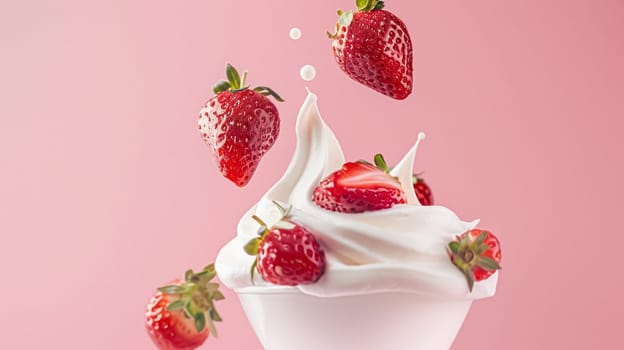 Strawberries falling into cream, milk or yoghurt on pink background, strawberry dessert