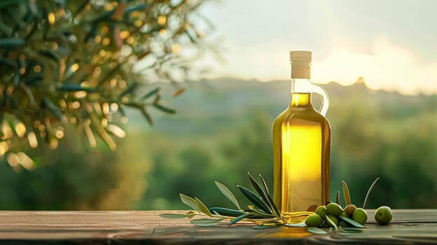 Olive oil bottle ad background with copyspace, vegetable oil commercial produce, food industry and retail concept