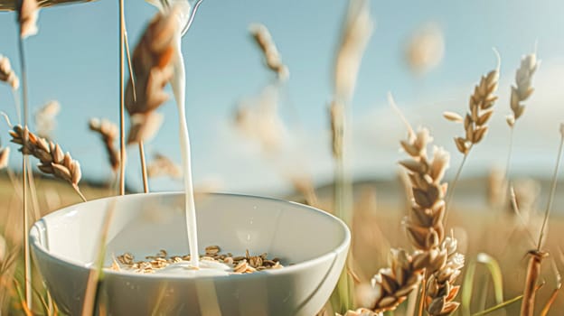 Pouring fresh milk into bowl of cereal in the English countryside field on a sunny morning for breakfast