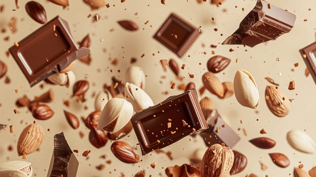 Nuts and chocolate splash, food dessert and confectionery industry