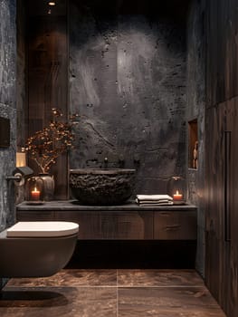 A room in the building with a toilet, sink, and candles. The flooring is made of wood, while the fixtures and composite materials add an artistic touch to the holy place