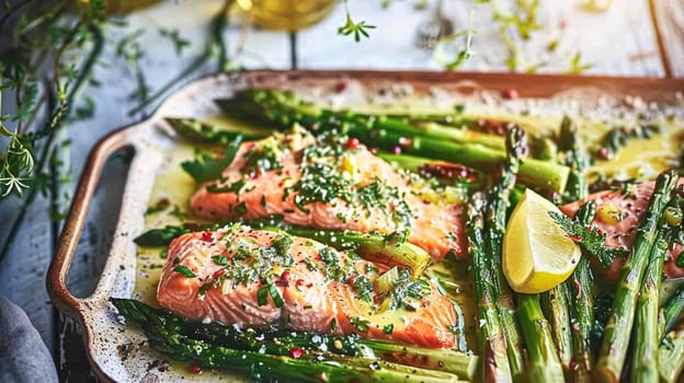 Salmon with asparagus, lemon and spice seasoning in the English countryside garden, homemade recipe