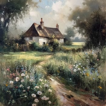 Oil style fine art painting of the English countryside cottage with romantic floral meadow, flowers field in soft pastel colours, evoking a sense of tranquility and natural beauty, printable art design