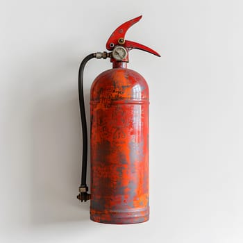 A red fire extinguisher cylinder made of metal is displayed on a white wall, creating a striking contrast. This still life photography captures the essence of fire safety at an event