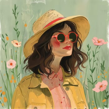 Beautiful Watercolor Illustration of Cute Girl in a hat among meadow flowers. Summer Vibes Aesthetic Clip-art. Ai generated