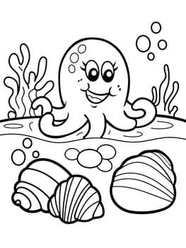 A black and white cartoon drawing of an octopus surrounded by seashells in the ocean, showcasing intricate details of the organisms facial expression and the surrounding plant life