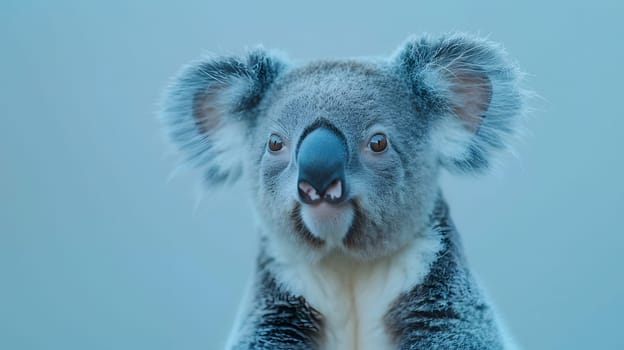 A terrestrial carnivore with electric blue fur, the koala bear stands on hind legs, gazing at the camera. Its whiskers, snout, and tail add to its majestic appearance in the natural landscape