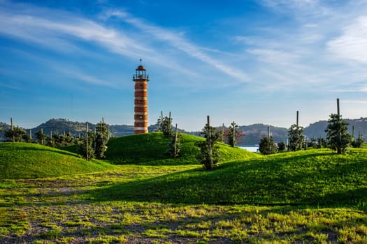Belem lighthouse on bank of Tagus river on sunset, Lisbon, Portugal