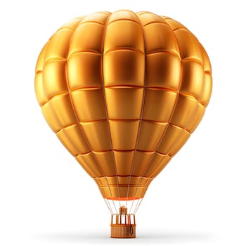 A stunning gold hot air balloon with a wooden basket floating gracefully against a white background. Perfect for hot air ballooning enthusiasts or as a unique party supply