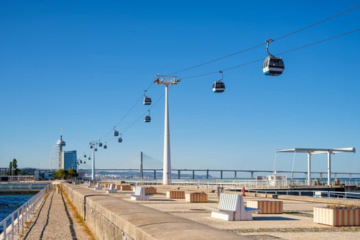 Telecabine Cable car in Lisbon in Parque des Nacoes Nations Park with Vasco da Gama bridge. Lisbon, Portugal