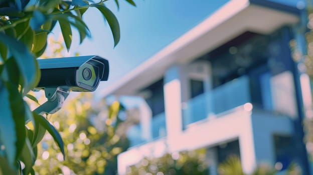 A security camera is mounted on a pole in front of a house, Home security and Smart home concept.