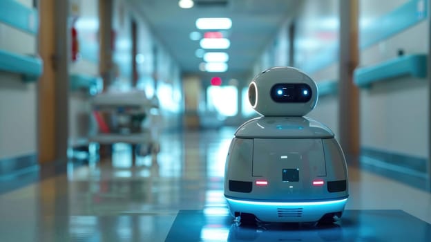 A healthcare robot in a modern hospital corrido, Automation for improved patient care.