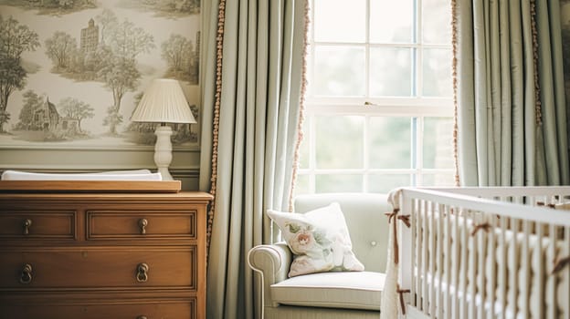 Baby room decor and interior design inspiration in beautiful English countryside style cottage