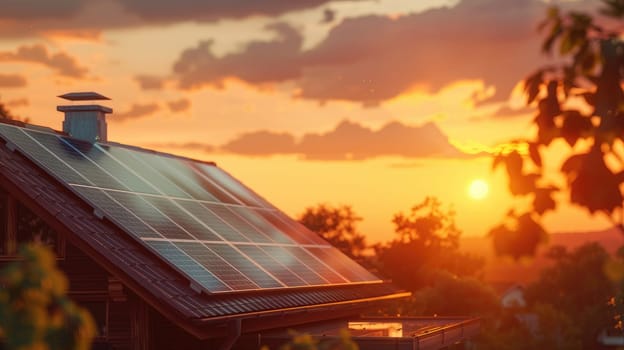 A solar panels on top of a house, Solar panels on the roof, Renewable energy.