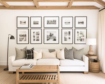 Gallery wall, home decor and wall art over sofa, framed art in modern English country cottage sitting room interior, living room for diy printable artwork and print shop idea