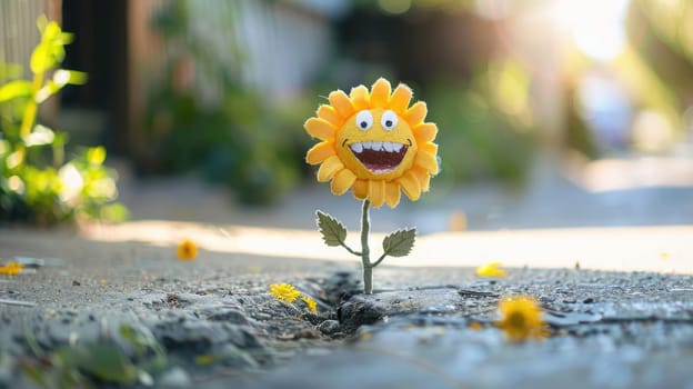 A smiling flower is surrounded by flowers and leaves on the cracked road.