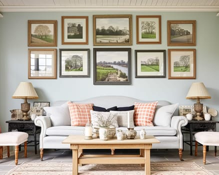 Gallery wall, home decor and wall art over sofa, framed art in modern English country cottage sitting room interior, living room for diy printable artwork and print shop idea