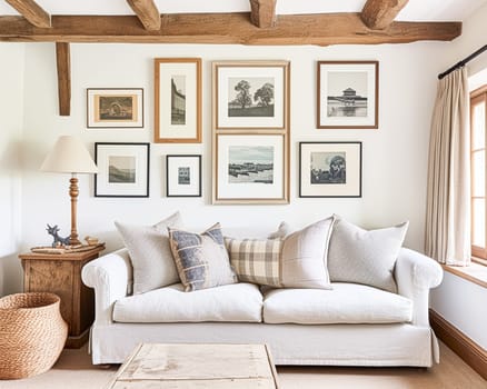 Gallery wall, home decor and wall art over sofa, framed art in modern English country cottage sitting room interior, living room for diy printable artwork and print shop idea