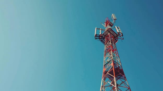 A tall modern communications tower, A signal modern tower with clear blue sky background.