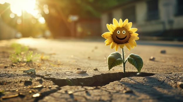 A smiling flower is surrounded by flowers and leaves on the cracked road.