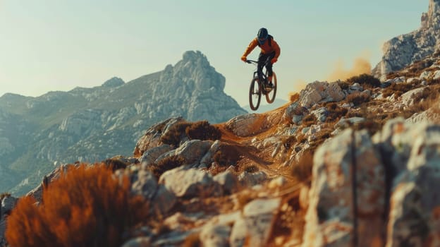 A man is riding a mountain bike on a rocky trail.