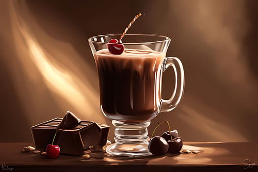 A glass of chocolate drink with cherries and chocolate bars. High quality photo