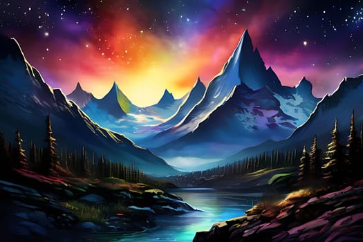 A mountain range with snow and colorful sky. High quality photo