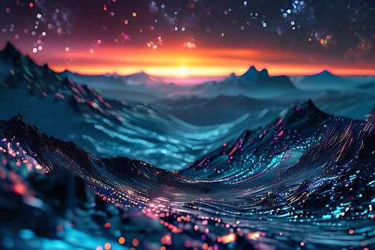 A landscape of mountains with lights and stars. High quality photo