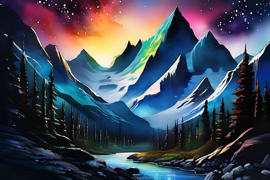 A mountain range with snow and colorful sky. High quality photo
