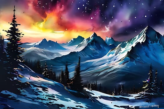 A mountain range with snow and colorful sky. High quality photo