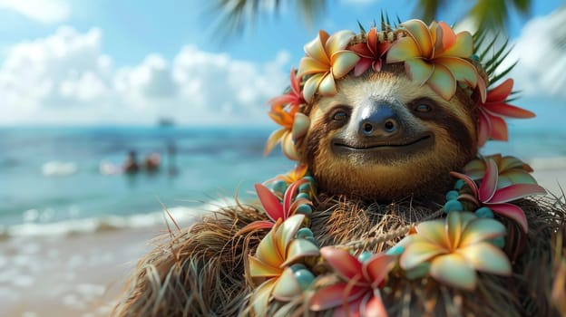 Summer background, A Sloth with hawaiian costume tropical palm and beach background, Generative AI.