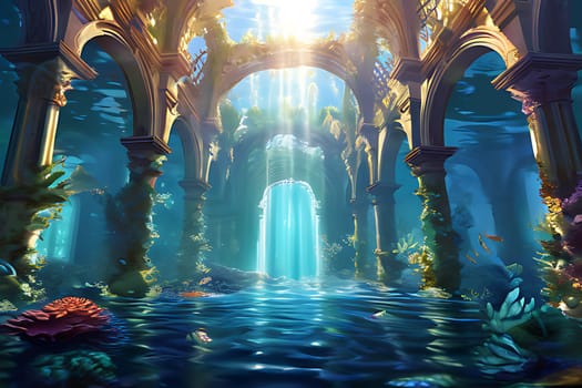 A underwater view of a building with arches and plants. High quality photo