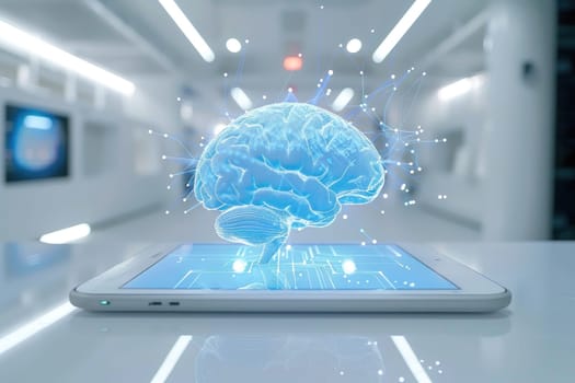 A bright, minimalistic setting featuring a large tablet displaying a vibrant blue holographic 3D brain.