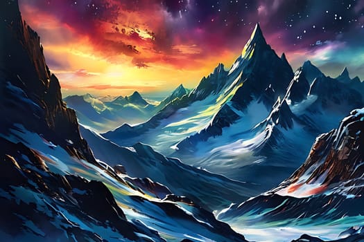 A mountain range with snow and colorful sky. High quality photo