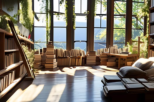 A room with a large window and lots of books. High quality photo