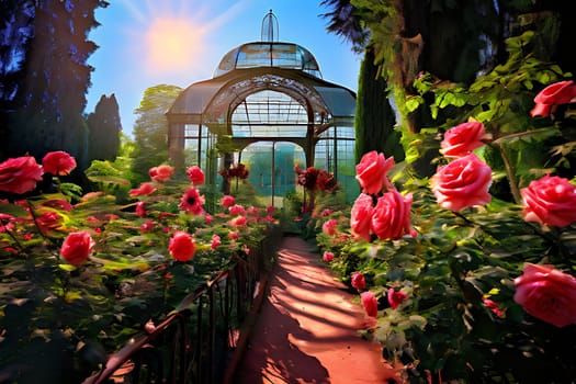 A garden with roses and a glass roof. High quality photo