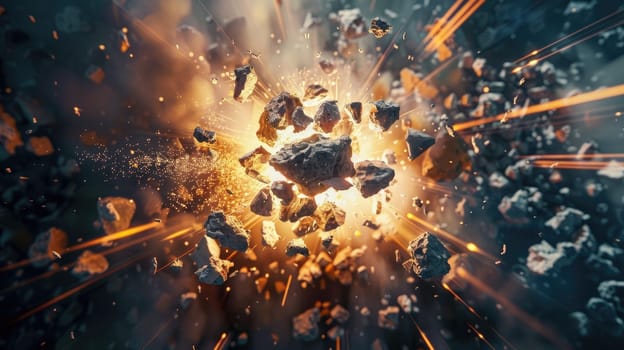 A large explosion in space with a lot of debris flying around. The debris is scattered all over the scene, with some pieces closer to the foreground and others further away