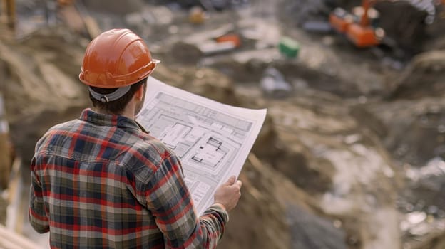 A man wearing a hard hat and a gray suit is looking at a blueprint.