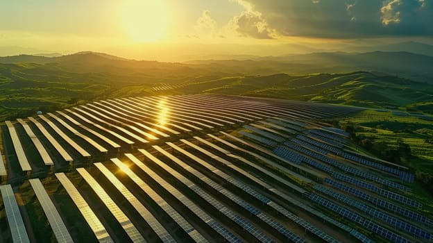 A large field of solar panels is illuminated by the sun. The sun is setting in the background, casting a warm glow over the landscape. The solar panels are arranged in rows