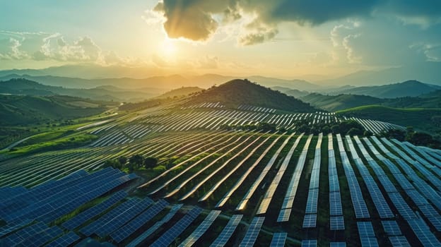 A large field of solar panels is illuminated by the sun.
