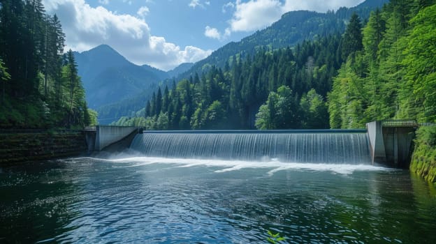 Water flows down from a large dam..