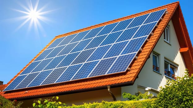 A solar panels on top of a house, Solar panels on the roof, Renewable energy.