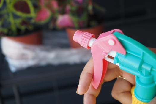 Gardener with gloves spraying a blooming fruit tree against plant diseases and pests.