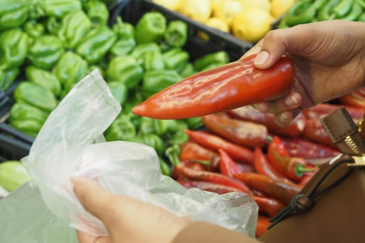 woman putting a capsicum in a plastic packet at super store .