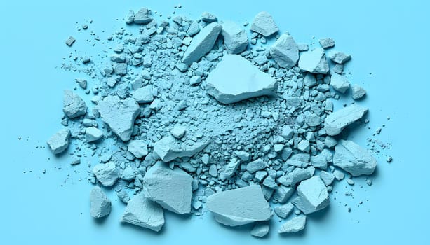 A stack of shattered rocks rests on a glossy electric blue surface, resembling a fluid pattern. The natural material contrasts with the vibrant color, creating a unique fashion accessory