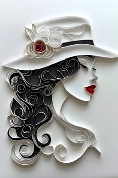 The woman is adorned with a stylish headpiece, featuring a white hat embellished with a delicate rose made of natural materials, resembling a piece of art or sculpture