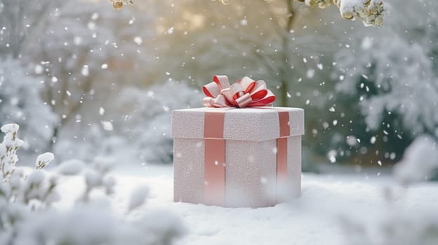 Christmas holiday gift and present, gift box in the snow in snowfall winter countryside nature for boxing day, holidays shopping sale idea