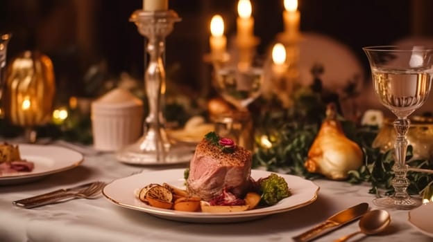 Luxury food service, main course served at a restaurant or formal dinner event in classic English style in the luxurious hotel or country estate, post-processed, generative ai