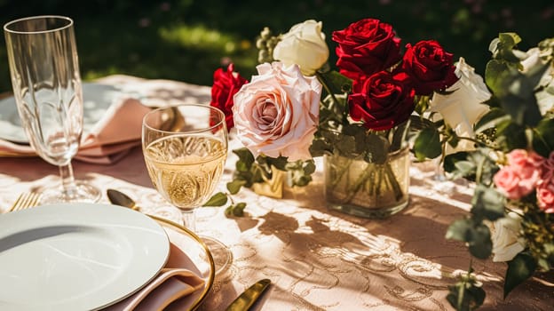 Wedding and event celebration tablescape with flowers, formal dinner table setting with roses and wine, elegant floral table decor for dinner party and holiday decoration, home styling idea